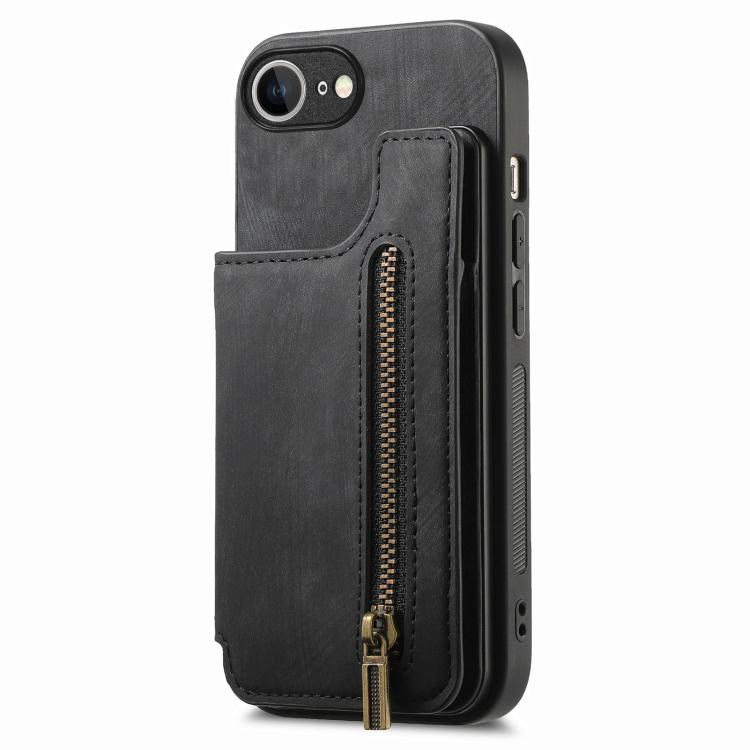 For iPhone 16e Retro Leather Zipper Wallet Back Phone Case(Black) - iPhone 16e Cases by buy2fix | Online Shopping UK | buy2fix