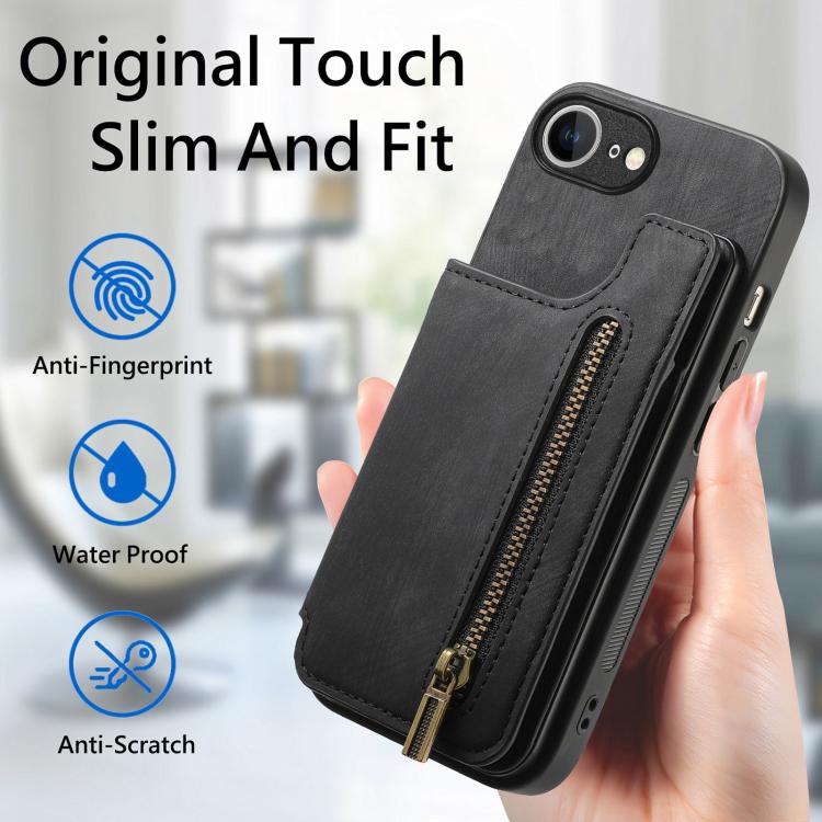 For iPhone 16e Retro Leather Zipper Wallet Back Phone Case(Black) - iPhone 16e Cases by buy2fix | Online Shopping UK | buy2fix