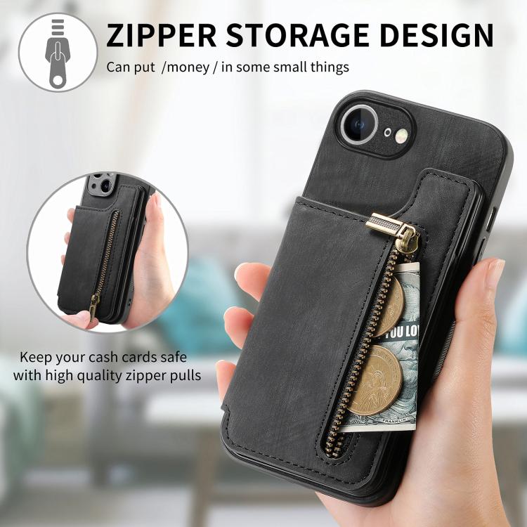 For iPhone 16e Retro Leather Zipper Wallet Back Phone Case(Black) - iPhone 16e Cases by buy2fix | Online Shopping UK | buy2fix