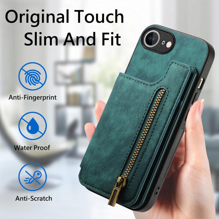 For iPhone 16e Retro Leather Zipper Wallet Back Phone Case(Green) - iPhone 16e Cases by buy2fix | Online Shopping UK | buy2fix