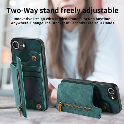 For iPhone 16e Retro Leather Zipper Wallet Back Phone Case(Green) - iPhone 16e Cases by buy2fix | Online Shopping UK | buy2fix
