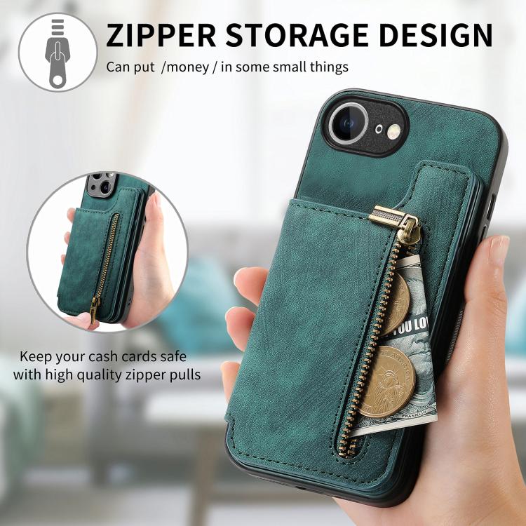 For iPhone 16e Retro Leather Zipper Wallet Back Phone Case(Green) - iPhone 16e Cases by buy2fix | Online Shopping UK | buy2fix