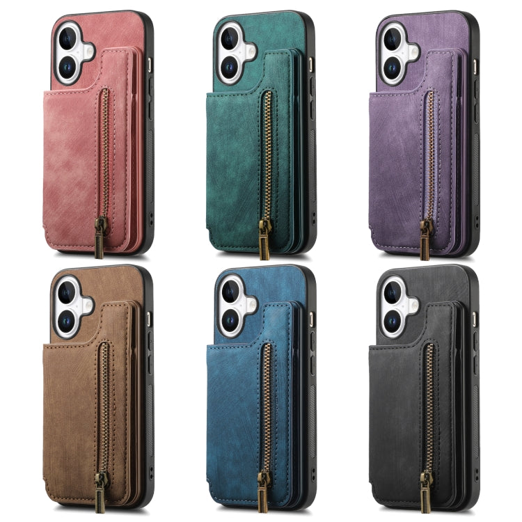 For iPhone 16e Retro Leather Zipper Wallet Back Phone Case(Purple) - iPhone 16e Cases by buy2fix | Online Shopping UK | buy2fix