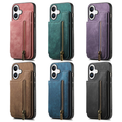 For iPhone 16e Retro Leather Zipper Wallet Back Phone Case(Purple) - iPhone 16e Cases by buy2fix | Online Shopping UK | buy2fix