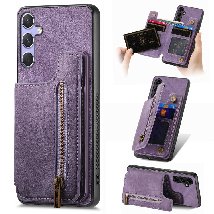 For Samsung Galaxy S25 5G Retro Leather Zipper Wallet Back Phone Case(Purple) by buy2fix