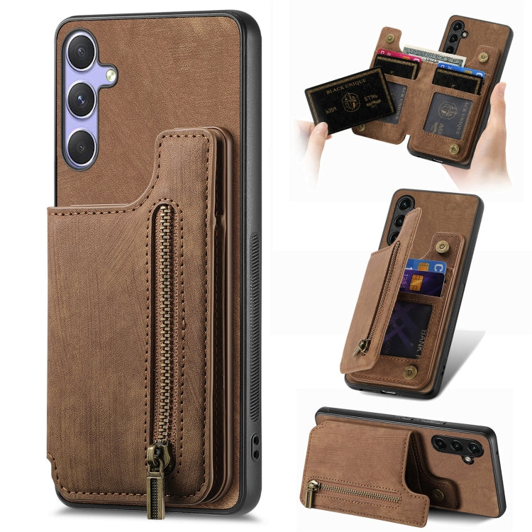 For Samsung Galaxy S25 5G Retro Leather Zipper Wallet Back Phone Case(Brown) by buy2fix