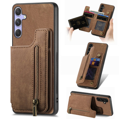 For Samsung Galaxy S25 5G Retro Leather Zipper Wallet Back Phone Case(Brown) by buy2fix