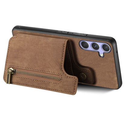 For Samsung Galaxy S25 5G Retro Leather Zipper Wallet Back Phone Case(Brown) by buy2fix