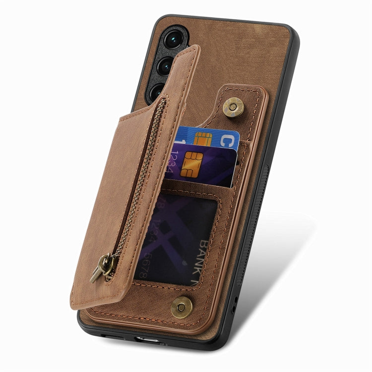 For Samsung Galaxy S25 5G Retro Leather Zipper Wallet Back Phone Case(Brown) by buy2fix