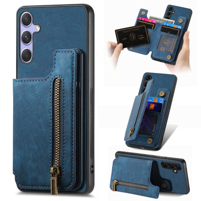 For Samsung Galaxy S25 5G Retro Leather Zipper Wallet Back Phone Case(Blue) by buy2fix