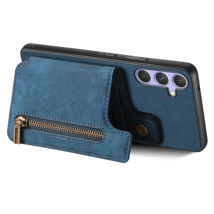 For Samsung Galaxy S25 5G Retro Leather Zipper Wallet Back Phone Case(Blue) by buy2fix
