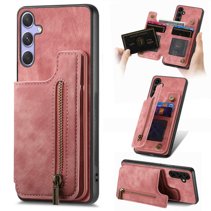 For Samsung Galaxy S25+ 5G Retro Leather Zipper Wallet Back Phone Case(Pink) by buy2fix