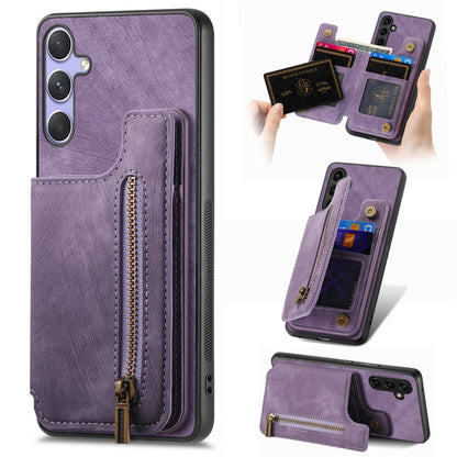 For Samsung Galaxy S25+ 5G Retro Leather Zipper Wallet Back Phone Case(Purple) by buy2fix