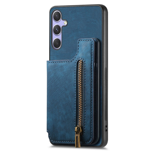 For Samsung Galaxy S25+ 5G Retro Leather Zipper Wallet Back Phone Case(Blue) by buy2fix