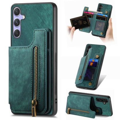 For Samsung Galaxy S25+ 5G Retro Leather Zipper Wallet Back Phone Case(Green) by buy2fix
