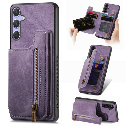 For Samsung Galaxy S25 Ultra 5G Retro Leather Zipper Wallet Back Phone Case(Purple) by buy2fix
