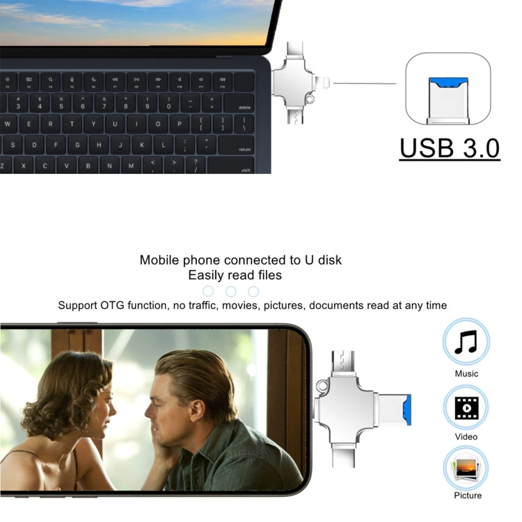 4 in 1 USB-C / Type-C USB 2.0 + Micro USB + 8 Pin Adapter TF Card Reader, Memory Card:No Memory(Sliver) by buy2fix