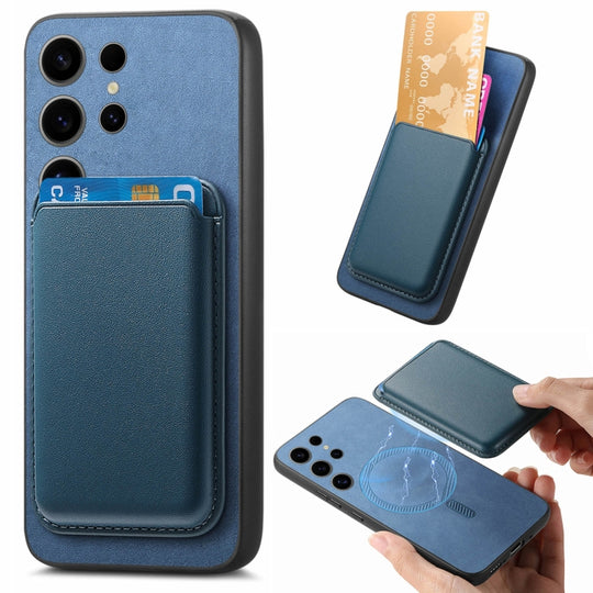 For Samsung Galaxy S23 Ultra 5G Retro Magsafe Card Bag PU Back Cover Phone Case(Blue)