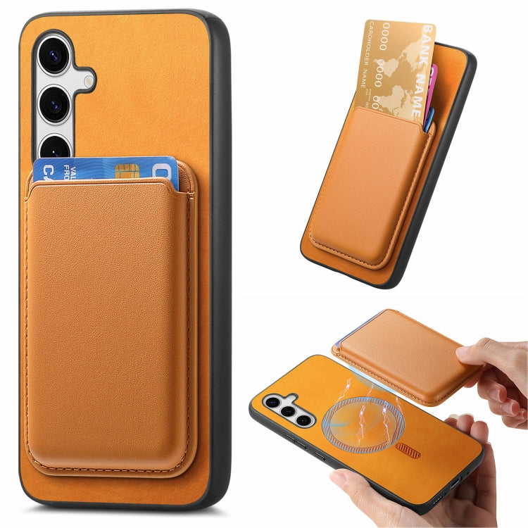 For Samsung Galaxy S25 5G Retro Magsafe Card Bag PU Back Cover Phone Case(Yellow) by buy2fix