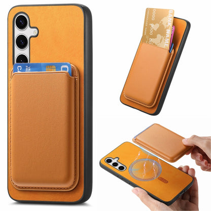 For Samsung Galaxy S25 5G Retro Magsafe Card Bag PU Back Cover Phone Case(Yellow) by buy2fix
