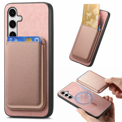 For Samsung Galaxy S25+ 5G Retro Magsafe Card Bag PU Back Cover Phone Case(Pink) by buy2fix