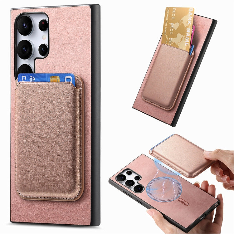 For Samsung Galaxy S25 Ultra 5G Retro Magsafe Card Bag PU Back Cover Phone Case(Pink) by buy2fix
