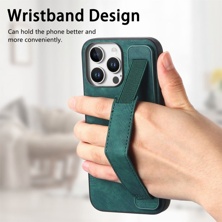 For iPhone 16 Pro Max Retro Wristband Holder Leather Back Phone Case(Green) by buy2fix