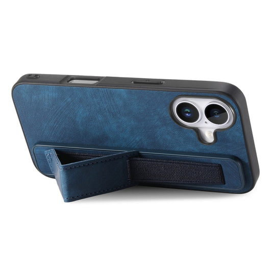 For iPhone 16 Retro Wristband Holder Leather Back Phone Case(Blue) - iPhone 16 Cases by buy2fix | Online Shopping UK | buy2fix