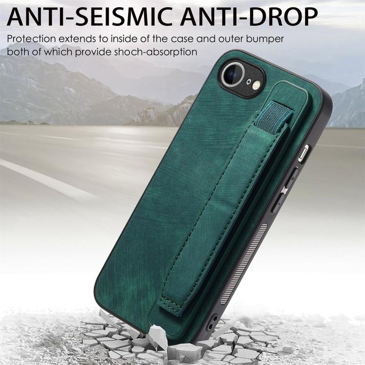 For iPhone 16e Retro Wristband Holder Leather Back Phone Case(Green) - iPhone 16e Cases by buy2fix | Online Shopping UK | buy2fix