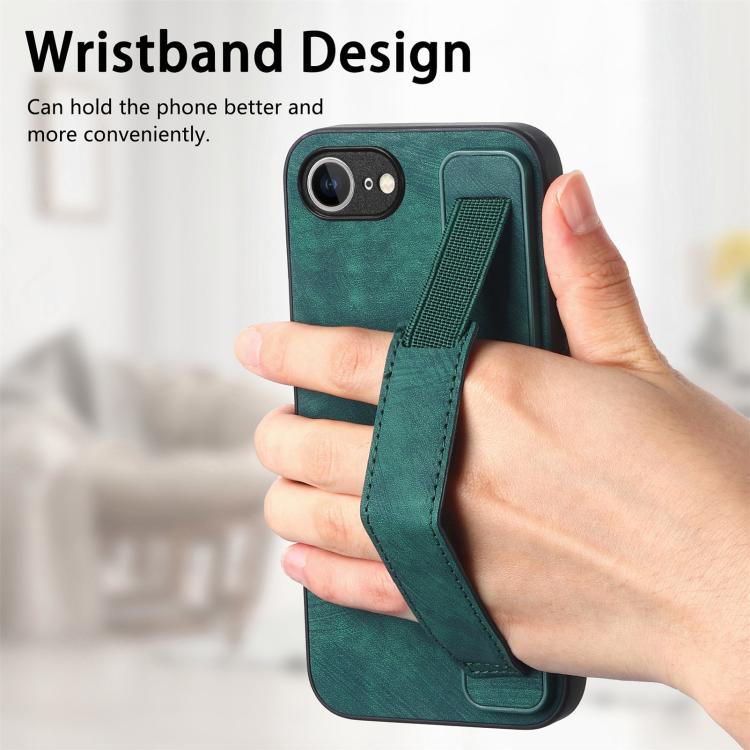 For iPhone 16e Retro Wristband Holder Leather Back Phone Case(Green) - iPhone 16e Cases by buy2fix | Online Shopping UK | buy2fix