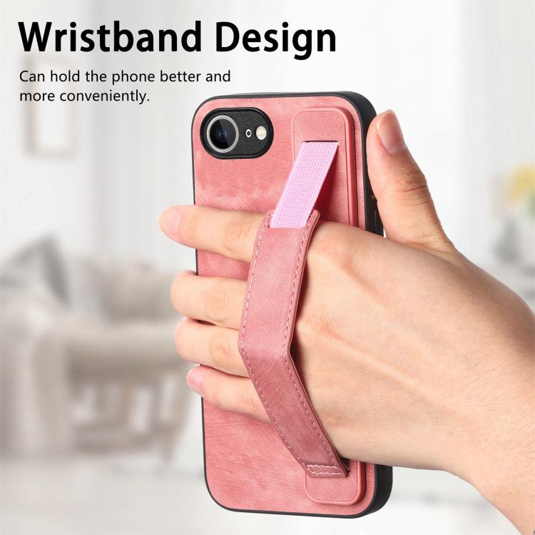For iPhone 16e Retro Wristband Holder Leather Back Phone Case(Pink) - iPhone 16e Cases by buy2fix | Online Shopping UK | buy2fix