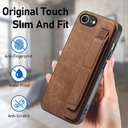 For iPhone 16e Retro Wristband Holder Leather Back Phone Case(Brown) - iPhone 16e Cases by buy2fix | Online Shopping UK | buy2fix