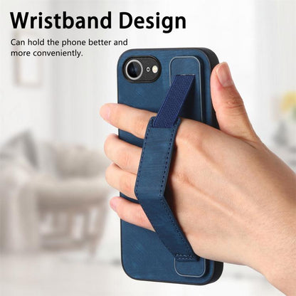 For iPhone 16e Retro Wristband Holder Leather Back Phone Case(Blue) - iPhone 16e Cases by buy2fix | Online Shopping UK | buy2fix