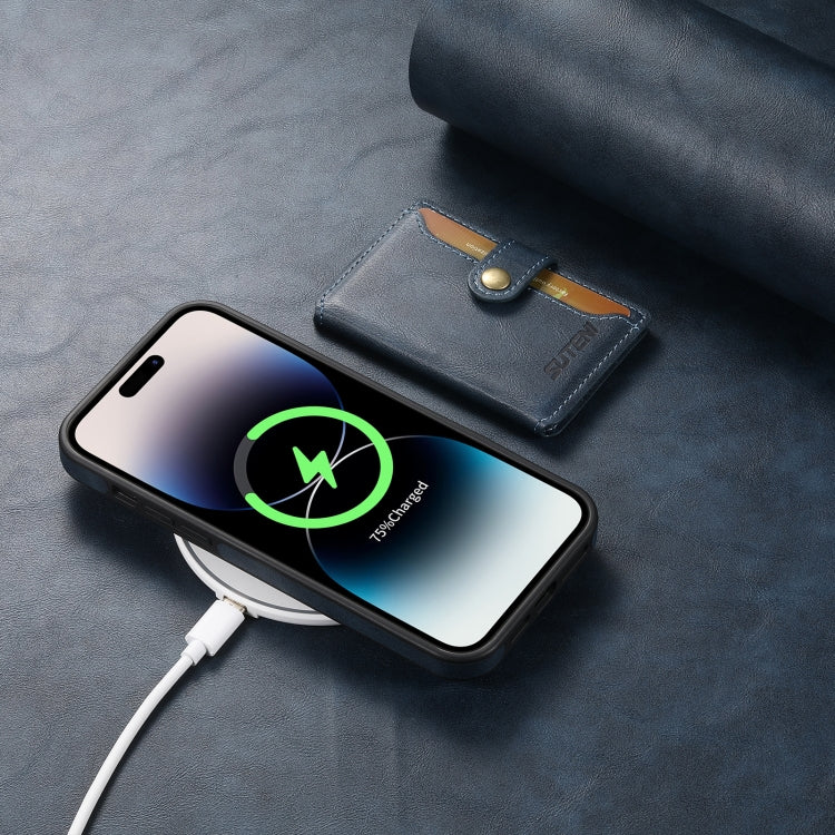 For iPhone 15 Suteni M1 Oil Wax MagSafe Detachable Horizontal Card Bag Phone Case(Blue) - iPhone 15 Cases by Suteni | Online Shopping UK | buy2fix