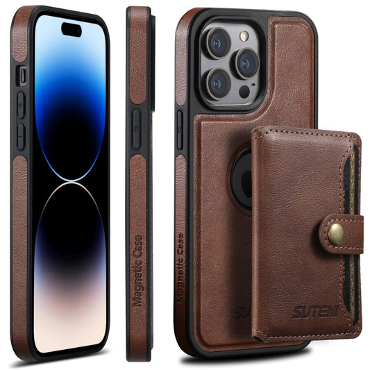 For iPhone 14 Pro Max Suteni M1 Oil Wax MagSafe Detachable Horizontal Card Bag Phone Case(Brown) - iPhone 14 Pro Max Cases by Suteni | Online Shopping UK | buy2fix