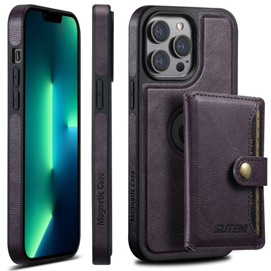 For iPhone 13 Pro Max Suteni M1 Oil Wax MagSafe Detachable Horizontal Card Bag Phone Case(Purple) - iPhone 13 Pro Max Cases by Suteni | Online Shopping UK | buy2fix