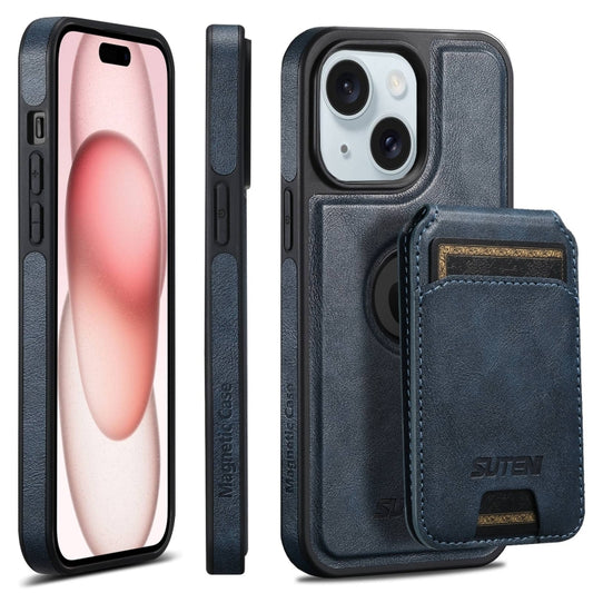 For iPhone 15 Suteni M2 Oil Wax MagSafe Horizontal Card Bag Phone Case(Blue) - iPhone 15 Cases by Suteni | Online Shopping UK | buy2fix