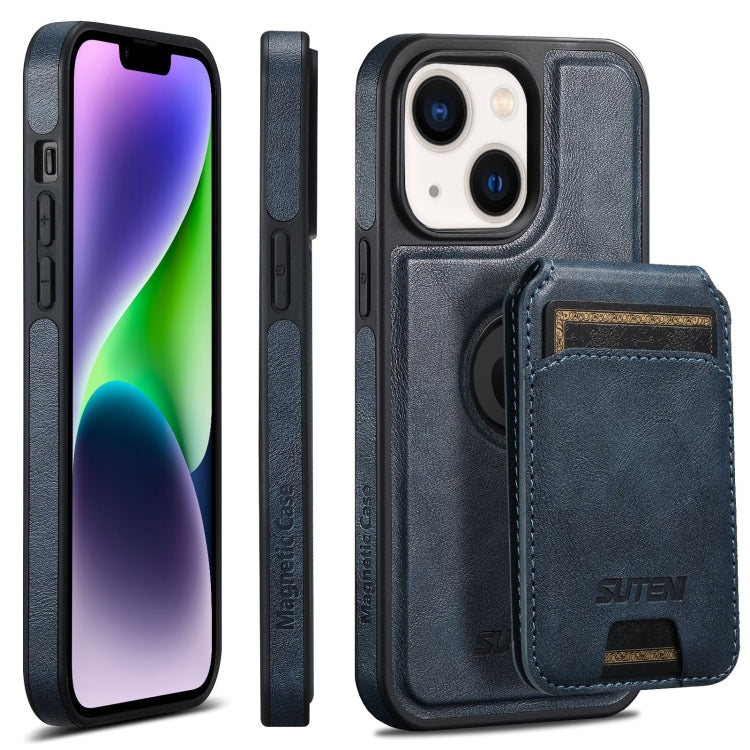 For iPhone 14 Suteni M2 Oil Wax MagSafe Horizontal Card Bag Phone Case(Blue) - iPhone 14 Cases by Suteni | Online Shopping UK | buy2fix