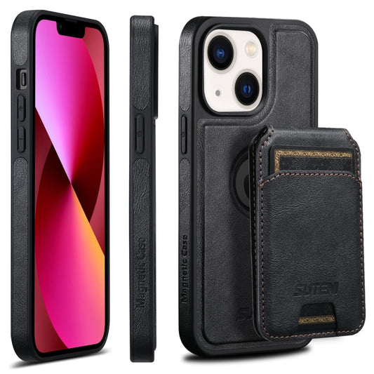 For iPhone 13 Suteni M2 Oil Wax MagSafe Horizontal Card Bag Phone Case(Black) - iPhone 13 Cases by Suteni | Online Shopping UK | buy2fix