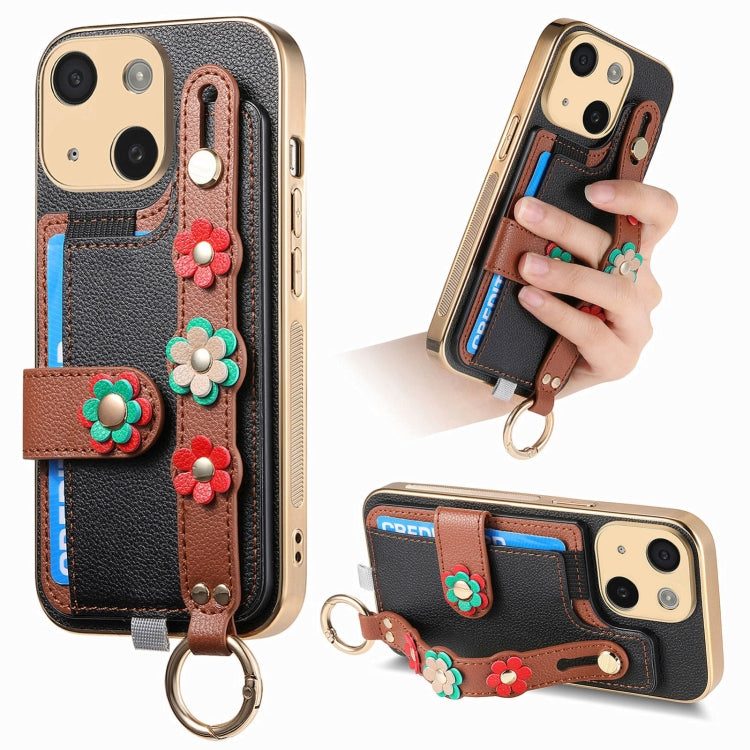 For iPhone 15 Stereoscopic Flowers Wristband Card Bag Phone Case(Black) - iPhone 15 Cases by buy2fix | Online Shopping UK | buy2fix