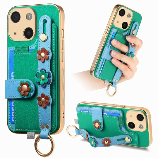 For iPhone 15 Stereoscopic Flowers Wristband Card Bag Phone Case(Green)