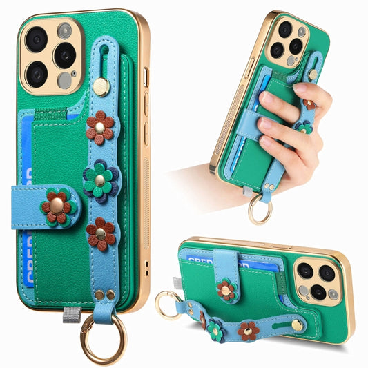 For iPhone 15 Pro Stereoscopic Flowers Wristband Card Bag Phone Case(Green) - iPhone 15 Pro Cases by buy2fix | Online Shopping UK | buy2fix