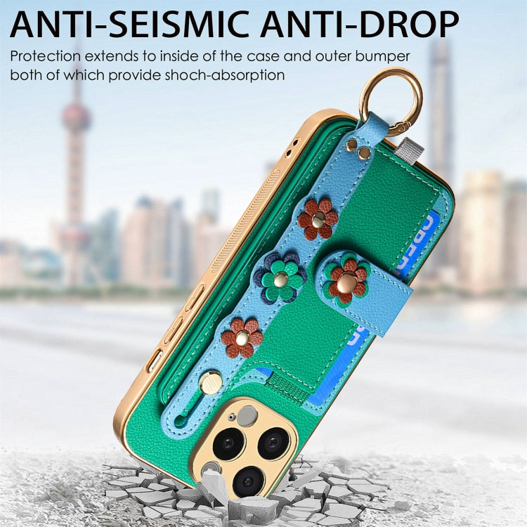 For iPhone 15 Pro Stereoscopic Flowers Wristband Card Bag Phone Case(Green) - iPhone 15 Pro Cases by buy2fix | Online Shopping UK | buy2fix