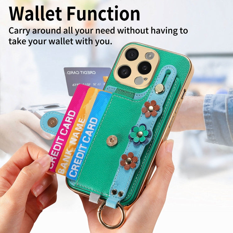 For iPhone 15 Pro Stereoscopic Flowers Wristband Card Bag Phone Case(Green) - iPhone 15 Pro Cases by buy2fix | Online Shopping UK | buy2fix