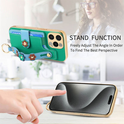 For iPhone 15 Pro Stereoscopic Flowers Wristband Card Bag Phone Case(Green) - iPhone 15 Pro Cases by buy2fix | Online Shopping UK | buy2fix