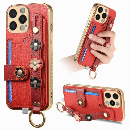 For iPhone 15 Pro Stereoscopic Flowers Wristband Card Bag Phone Case(Red) - iPhone 15 Pro Cases by buy2fix | Online Shopping UK | buy2fix