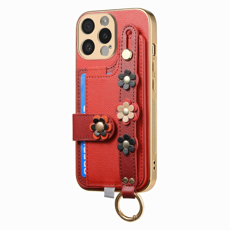 For iPhone 15 Pro Stereoscopic Flowers Wristband Card Bag Phone Case(Red) - iPhone 15 Pro Cases by buy2fix | Online Shopping UK | buy2fix