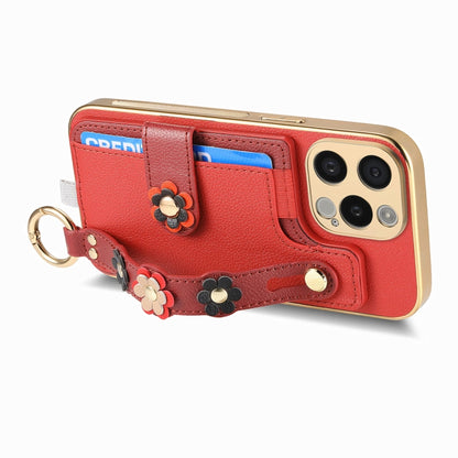 For iPhone 15 Pro Stereoscopic Flowers Wristband Card Bag Phone Case(Red) - iPhone 15 Pro Cases by buy2fix | Online Shopping UK | buy2fix