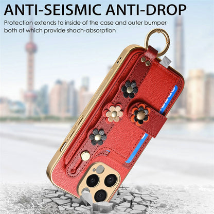 For iPhone 15 Pro Stereoscopic Flowers Wristband Card Bag Phone Case(Red) - iPhone 15 Pro Cases by buy2fix | Online Shopping UK | buy2fix