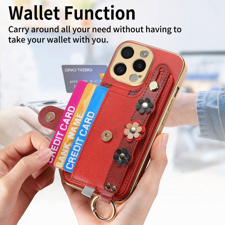 For iPhone 15 Pro Stereoscopic Flowers Wristband Card Bag Phone Case(Red) - iPhone 15 Pro Cases by buy2fix | Online Shopping UK | buy2fix